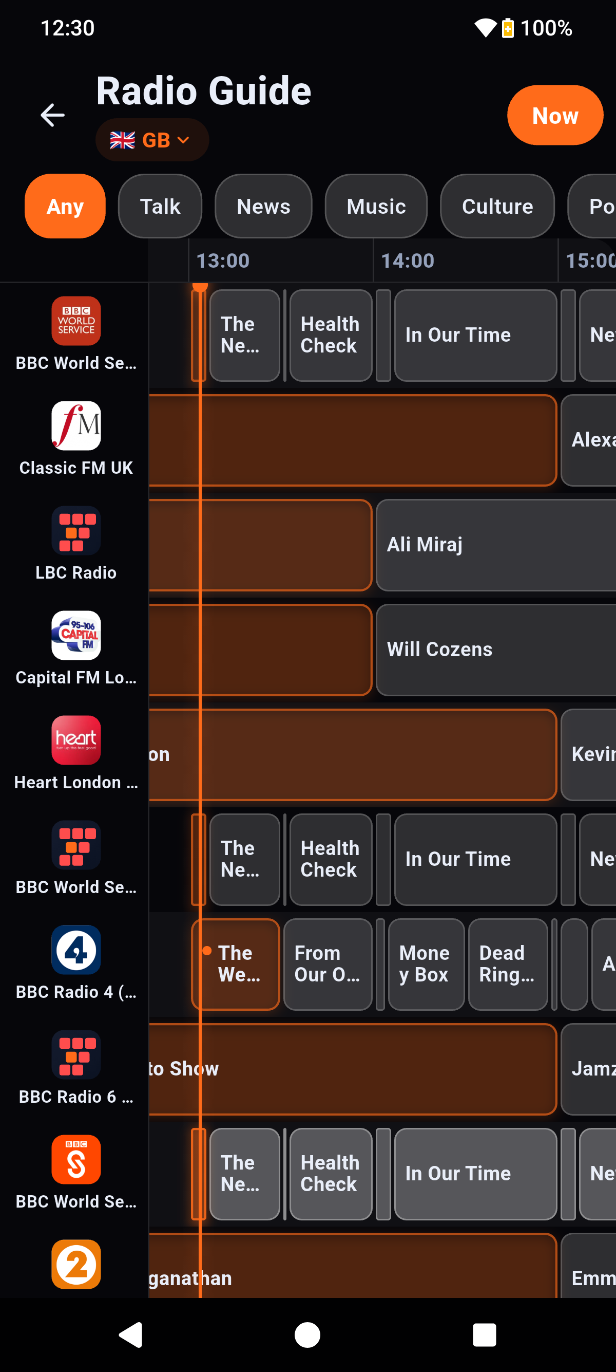 LUMA Stream all-stations Radio Guide with programme timeline, live marker, country, and genre filters