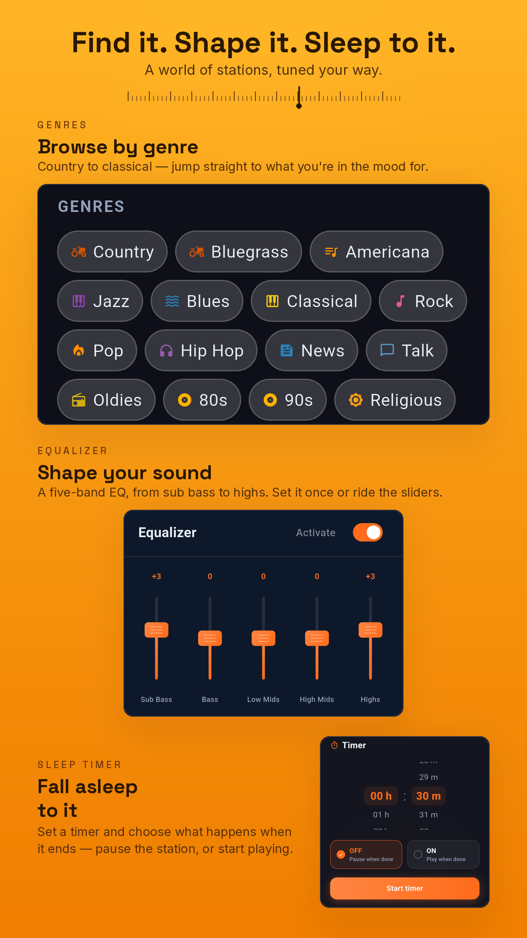 LUMA Radio & Podcasts genre browser, five-band equalizer, and sleep timer