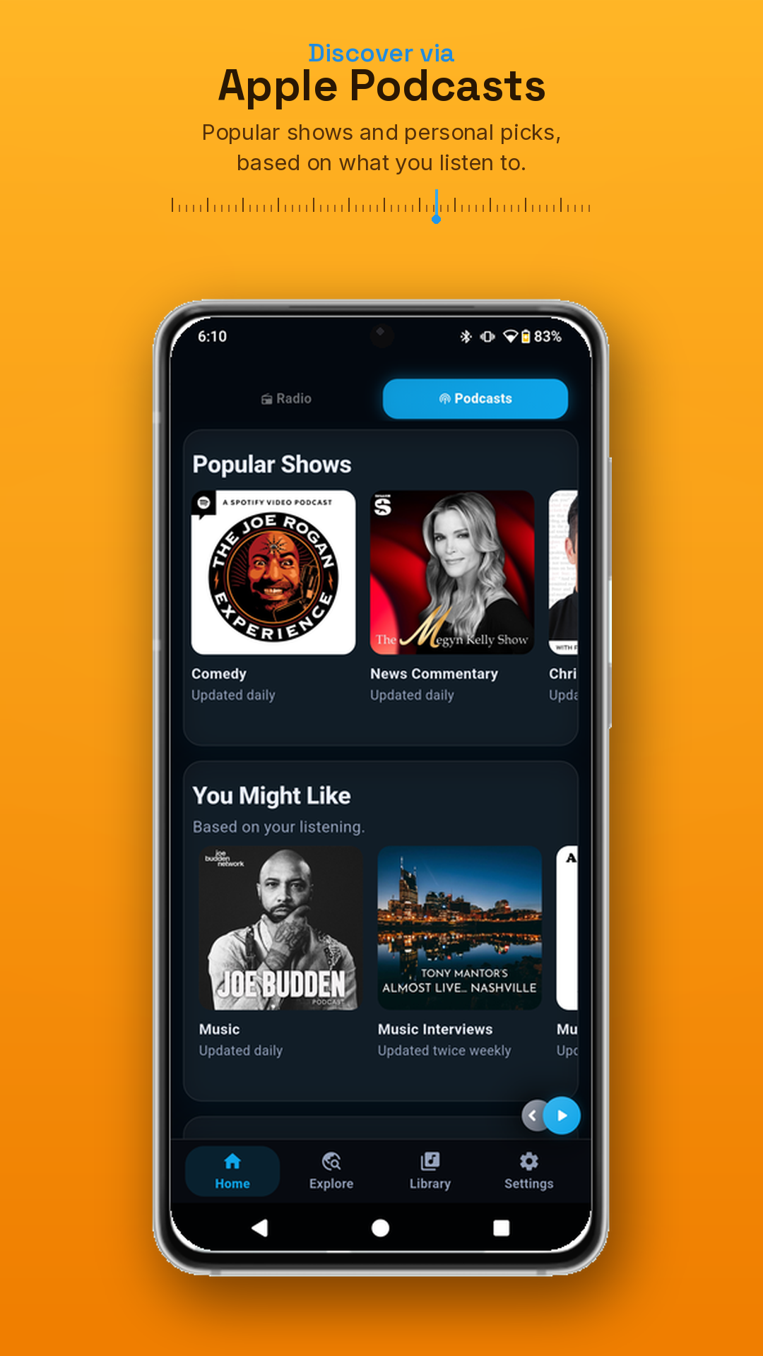 LUMA Radio & Podcasts Podcasts tab with Apple Podcasts-powered Popular Shows and personalized You Might Like picks