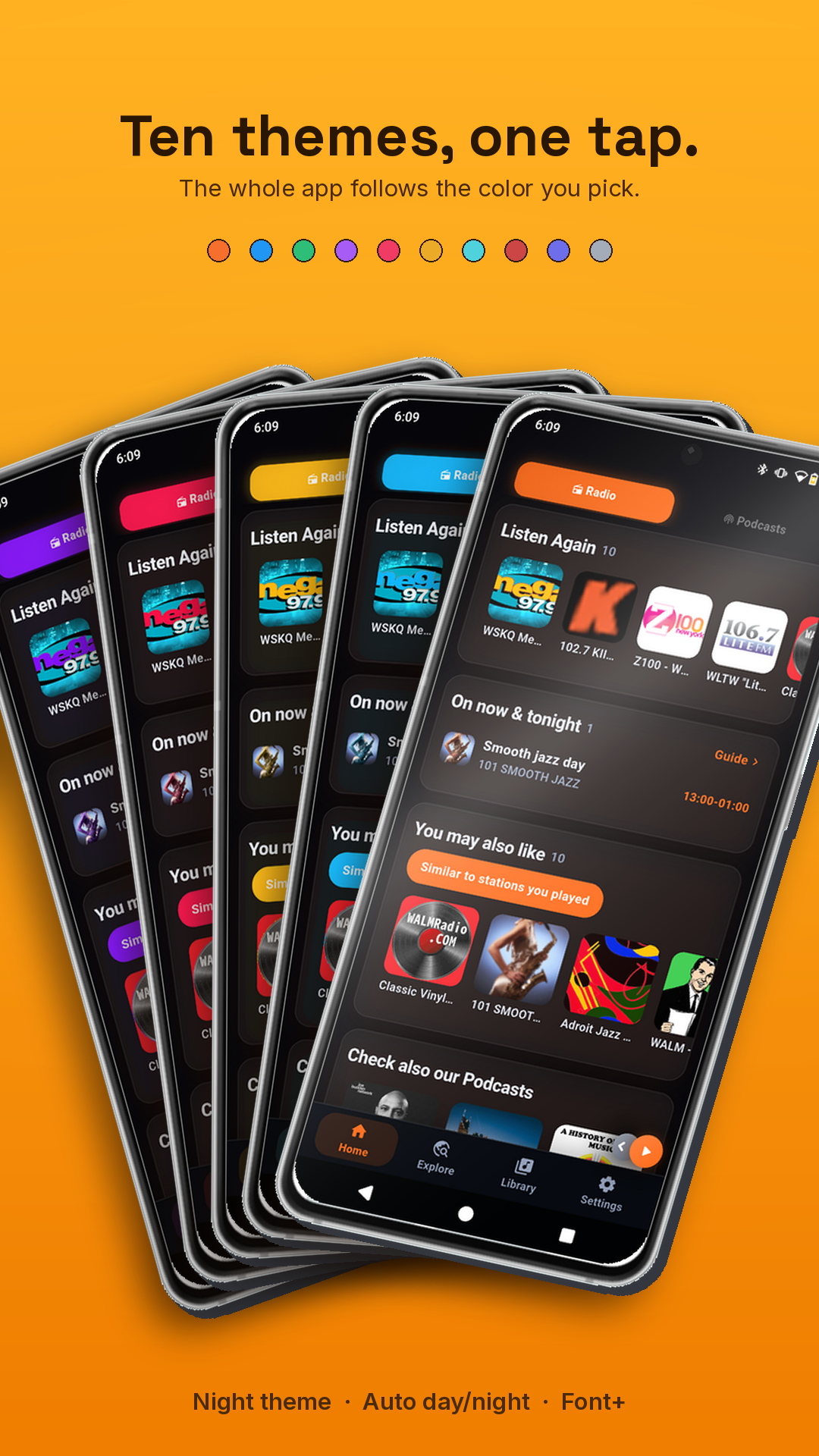 LUMA Radio & Podcasts Home screen shown across ten app color themes